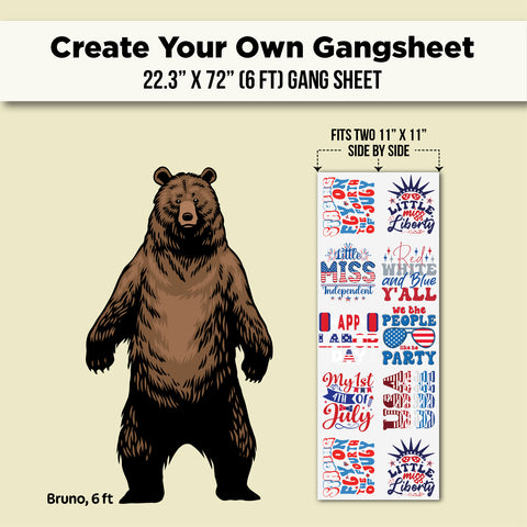 A digital mockup showing a custom gang sheet design with a large brown bear illustration on the left and a preview of the printed gang sheet on the right. The top text reads 'Create Your Own Gangsheet 22.