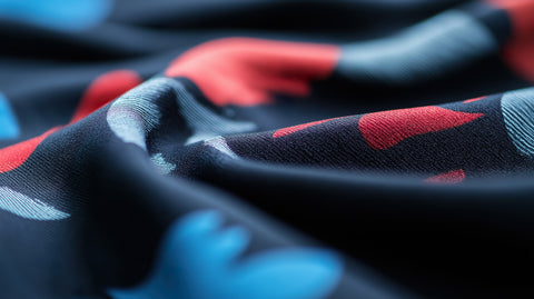 A close-up of draped fabric with a dark navy or black base and abstract red, blue, and light gray shapes.
