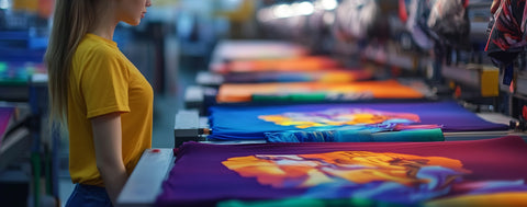 Person in a yellow shirt standing in front of colorful t-shirts on a rack.