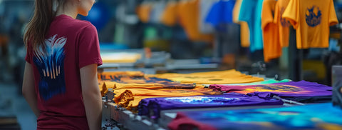 Person wearing a red shirt with a colorful design, standing in front of a display of various colored shirts.