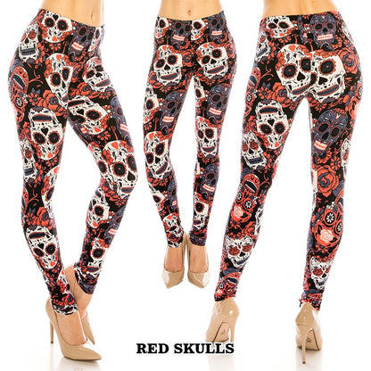 Halloween / Dia De Los Muertos Patterned Ultra Soft Leggings (Regular/Plus Size)