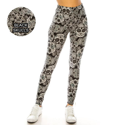 Halloween / Dia De Los Muertos Patterned Ultra Soft Leggings (Regular/Plus Size)