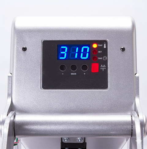 DTF heat press digital display showing the press temperature setting